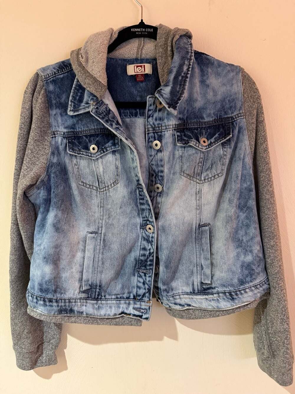 LEI Women’s Denim Hoodie Jacket XL Acid Wash Gray Sweatshirt Sleeves Y2K
